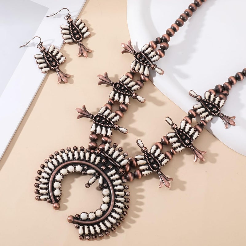 JMScape 4 PCS Western Turquoise Jewelry for Women Boho Vintage Navajo Pearl Necklace Earring Bracelet Ring Set Country Cowgirl Accessories for Gift - Image 3